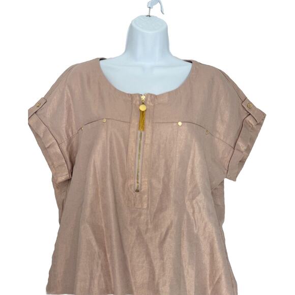Ellen Tracy Blouse Size L Rosy Peach Shimmery Linen Blend Cuffed Sleeve Gold Zip - Picture 2 of 10